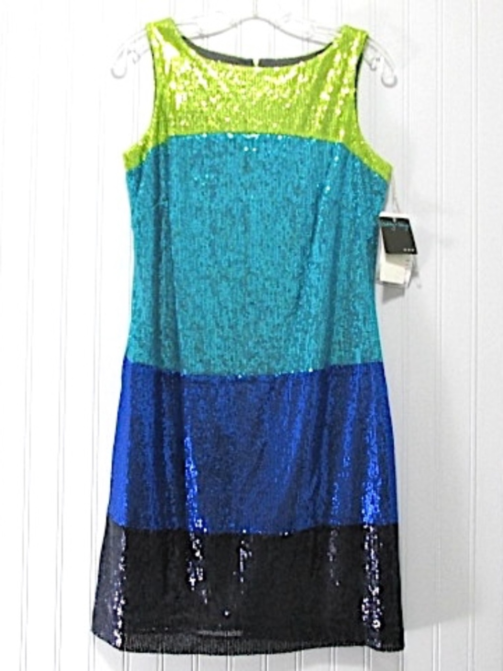 Gabby Skye NWT Lime Aqua Blue Sequined Sleeveless Sheath Dress, Size 8